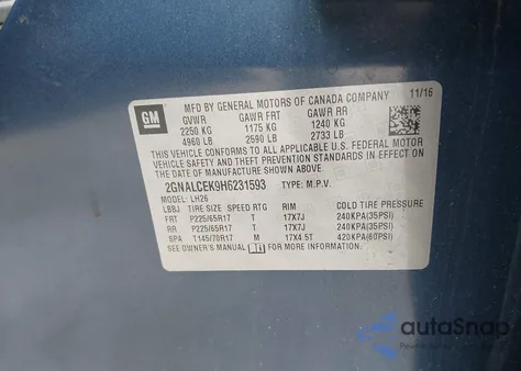 2017 Chevrolet Equinox Lt из США, поврежденный, VIN 2GNALCEK9H6231593